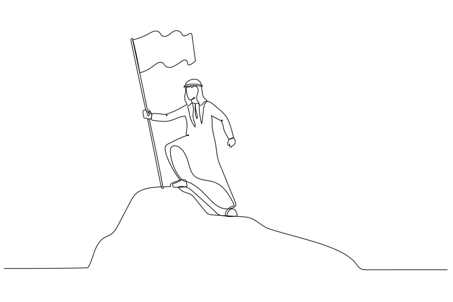 Cartoon of arab businessman standing on the top of mountain peak holding flag like conqueror. One continuous line art style vector