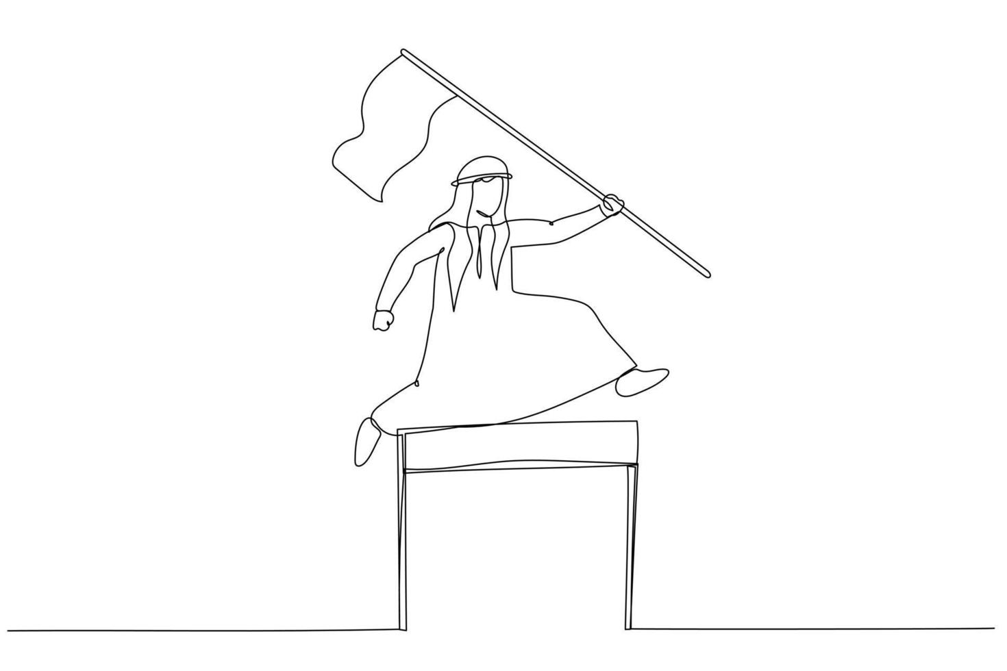 Drawing of arab man competing in race holding a leader flag jumping over obstacle concept of determination. Continuous line art style vector