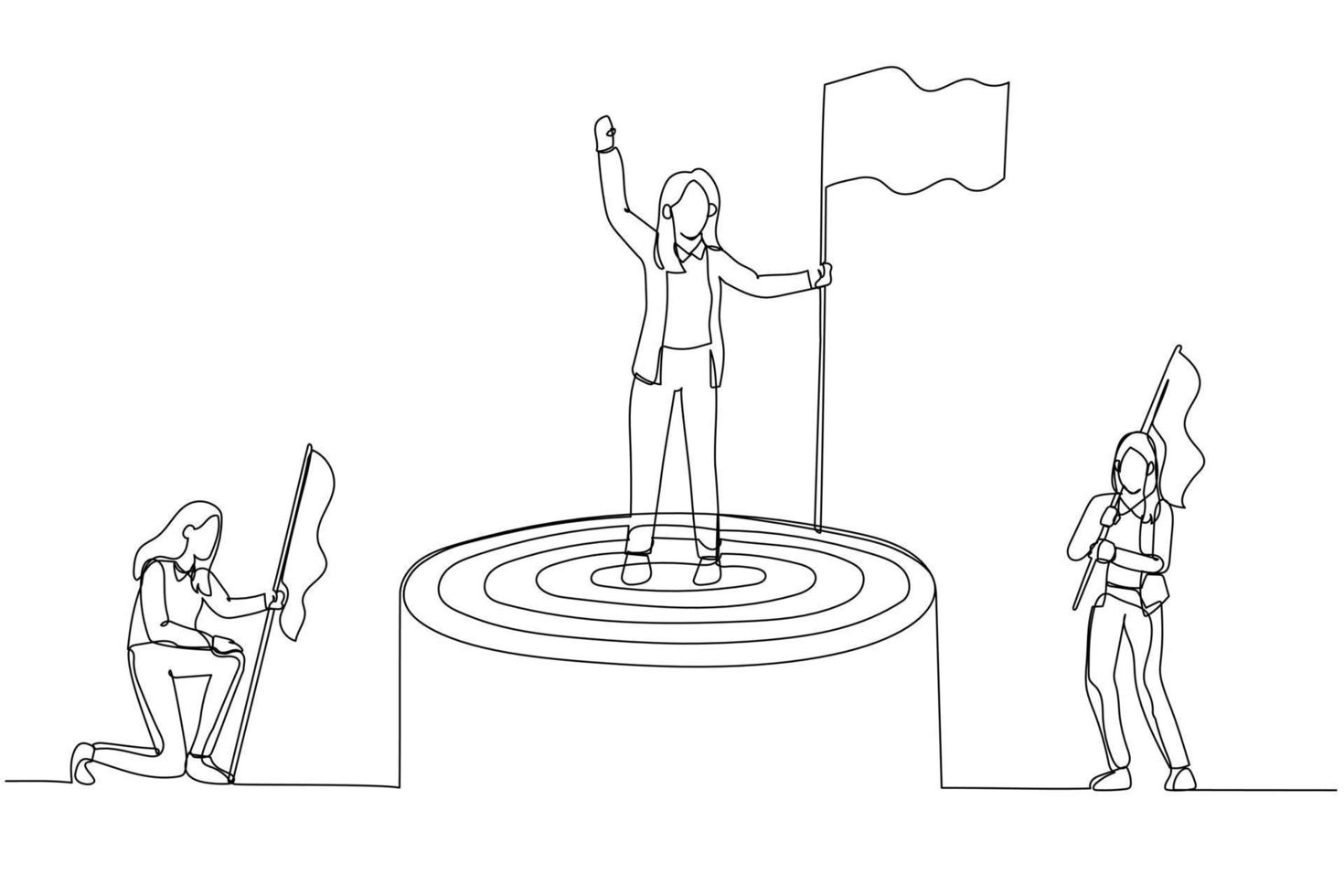 Drawing of businesswoman holding flag on top of target concept of business competition. Single line art style vector