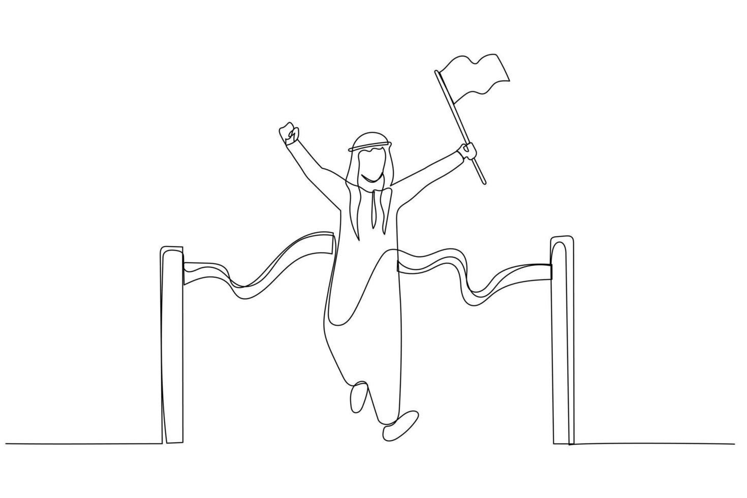 Illustration of arab man holding number flag first place in finish line. Single line art style vector