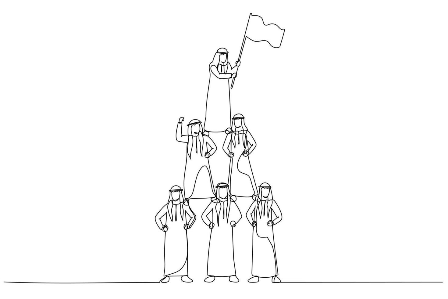Cartoon of arab man make pyramid and lead by business leader with flag. One line art style vector