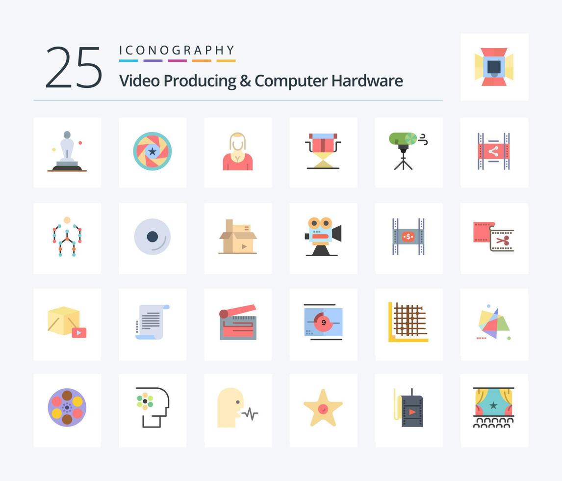 paquete de iconos de 25 colores planos de producción de video y hardware de computadora que incluye directores. silla. película. dama. personaje vector