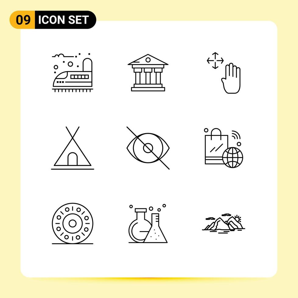 Group of 9 Outlines Signs and Symbols for face travel hand tent holidays Editable Vector Design Elements
