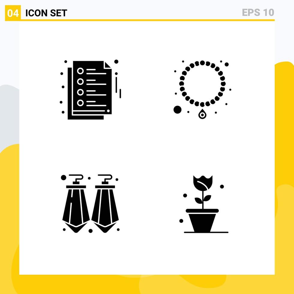 grupo de 4 signos y símbolos de glifos sólidos para notas pendientes de joyería de flores naturaleza elementos de diseño de vectores editables