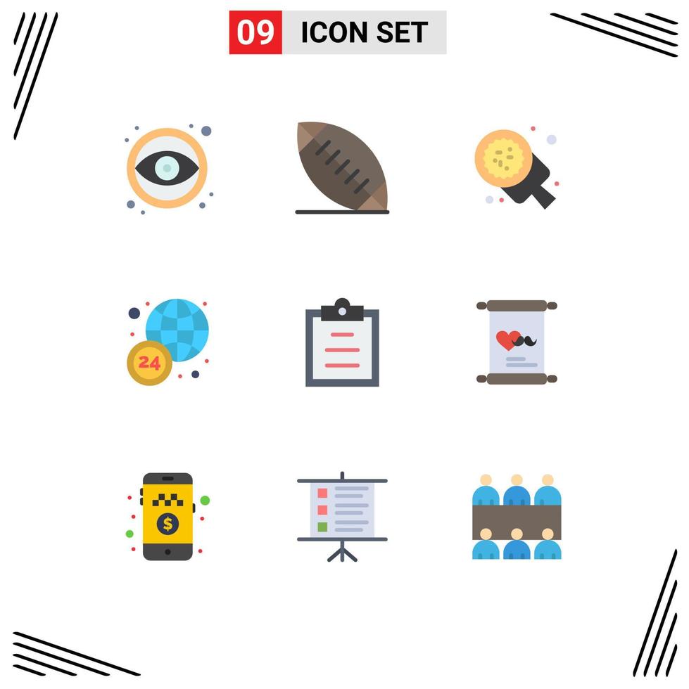 Pack of 9 Modern Flat Colors Signs and Symbols for Web Print Media such as text clipboard food hours world wide Editable Vector Design Elements