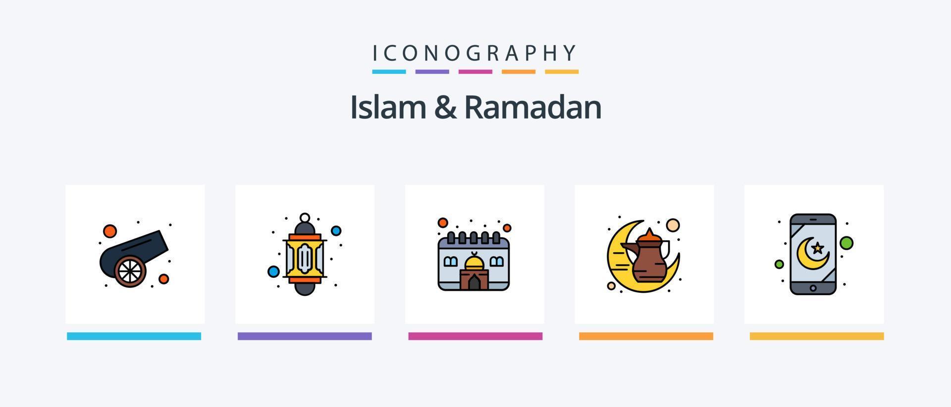 la línea de islam y ramadán llenó el paquete de 5 iconos, incluida la mezquita. hora. musulmán. Ramadán. agua. diseño de iconos creativos vector