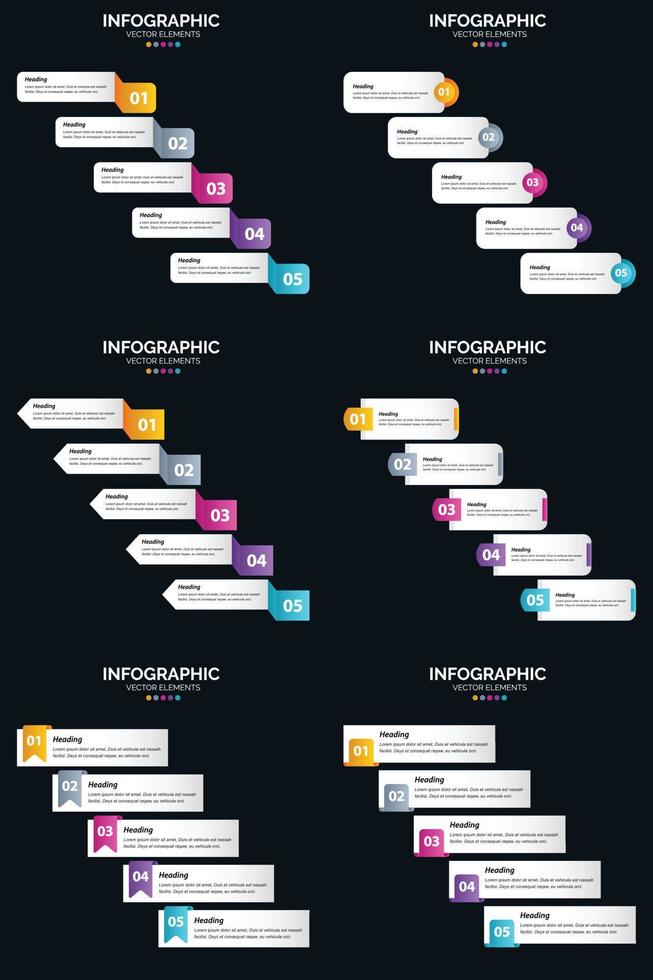 plantilla de diapositiva de presentación del paquete de infografías vectoriales 6 diagramas de ciclo de 5 pasos y líneas de tiempo vector