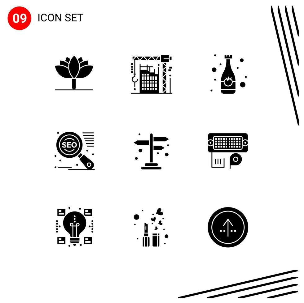 Pack of 9 Modern Solid Glyphs Signs and Symbols for Web Print Media such as sign direction beverage marketing search engine Editable Vector Design Elements