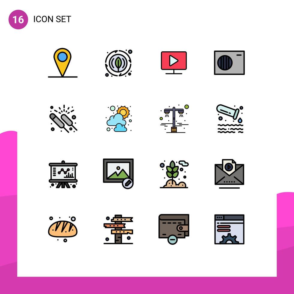 16 Thematic Vector Flat Color Filled Lines and Editable Symbols of group event computer celebration conditioner Editable Creative Vector Design Elements