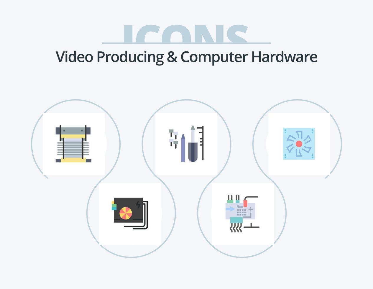 producción de video y hardware de computadora paquete de iconos planos 5 diseño de iconos. ingeniería. reparar ingeniería. admirador. enfriamiento vector