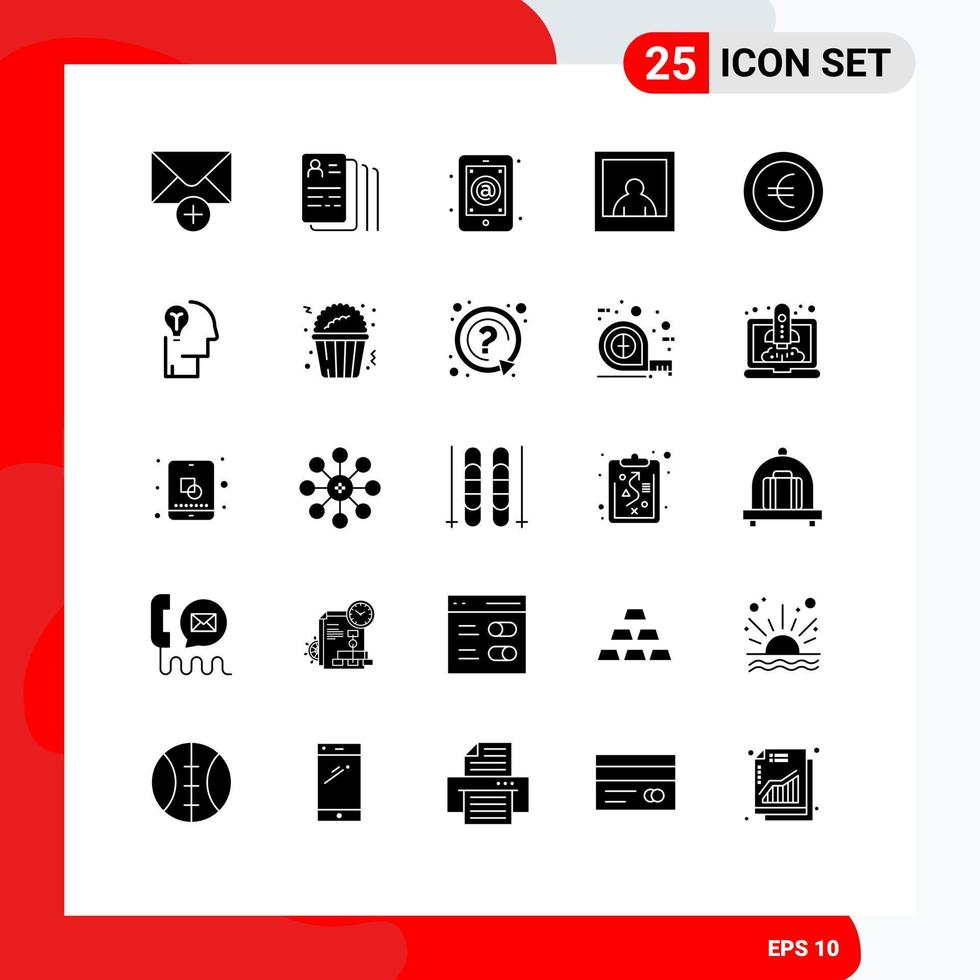 Pack of 25 Modern Solid Glyphs Signs and Symbols for Web Print Media such as idea euro email coin photo Editable Vector Design Elements