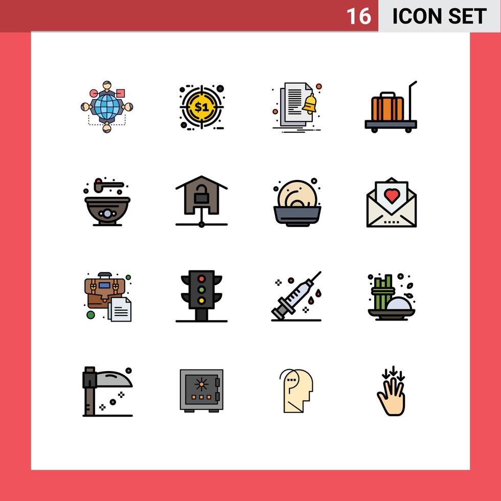 Mobile Interface Flat Color Filled Line Set of 16 Pictograms of bowl scale target luggage notify Editable Creative Vector Design Elements