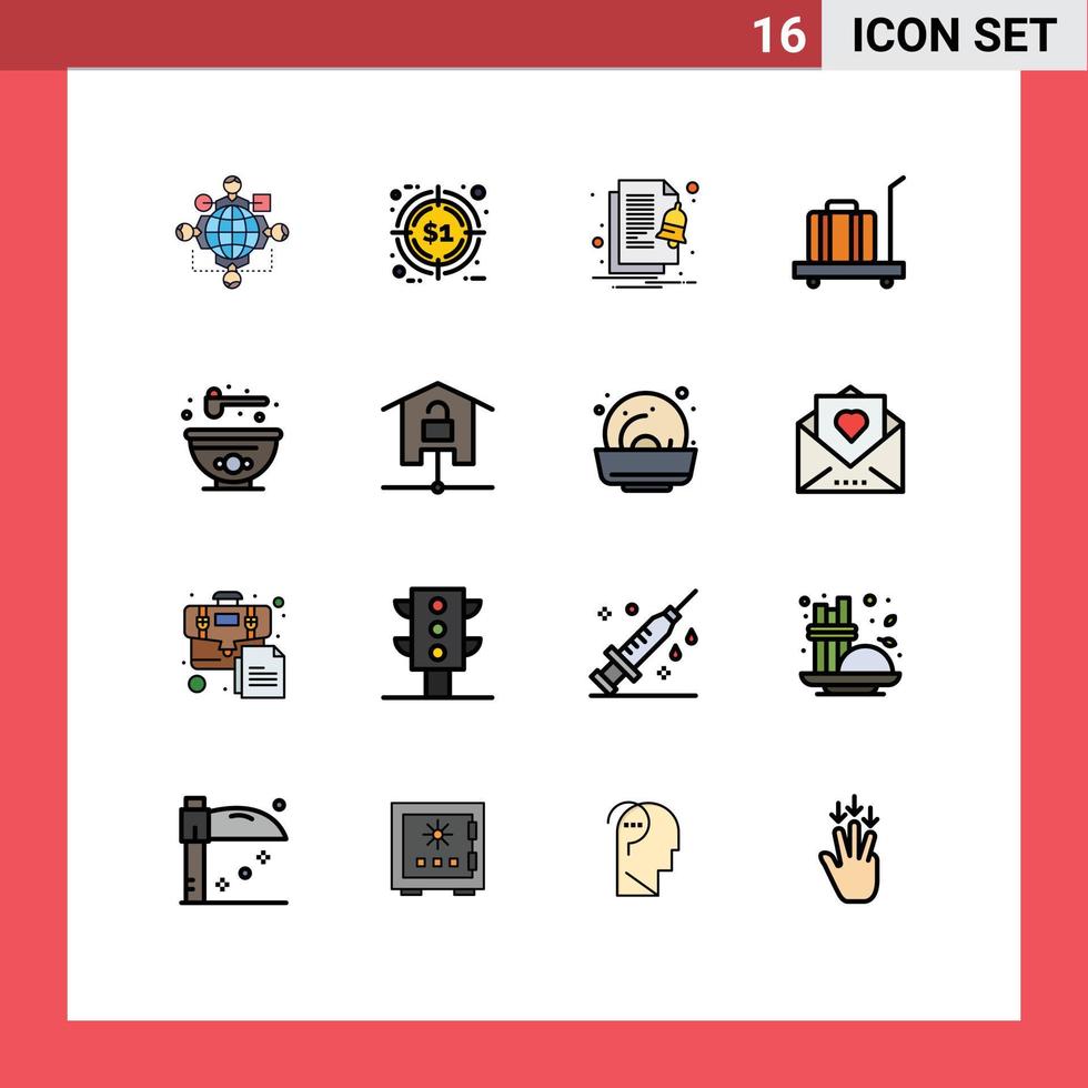 conjunto de líneas llenas de color plano de interfaz móvil de 16 pictogramas de equipaje de destino de escala de cuenco notificar elementos de diseño de vectores creativos editables