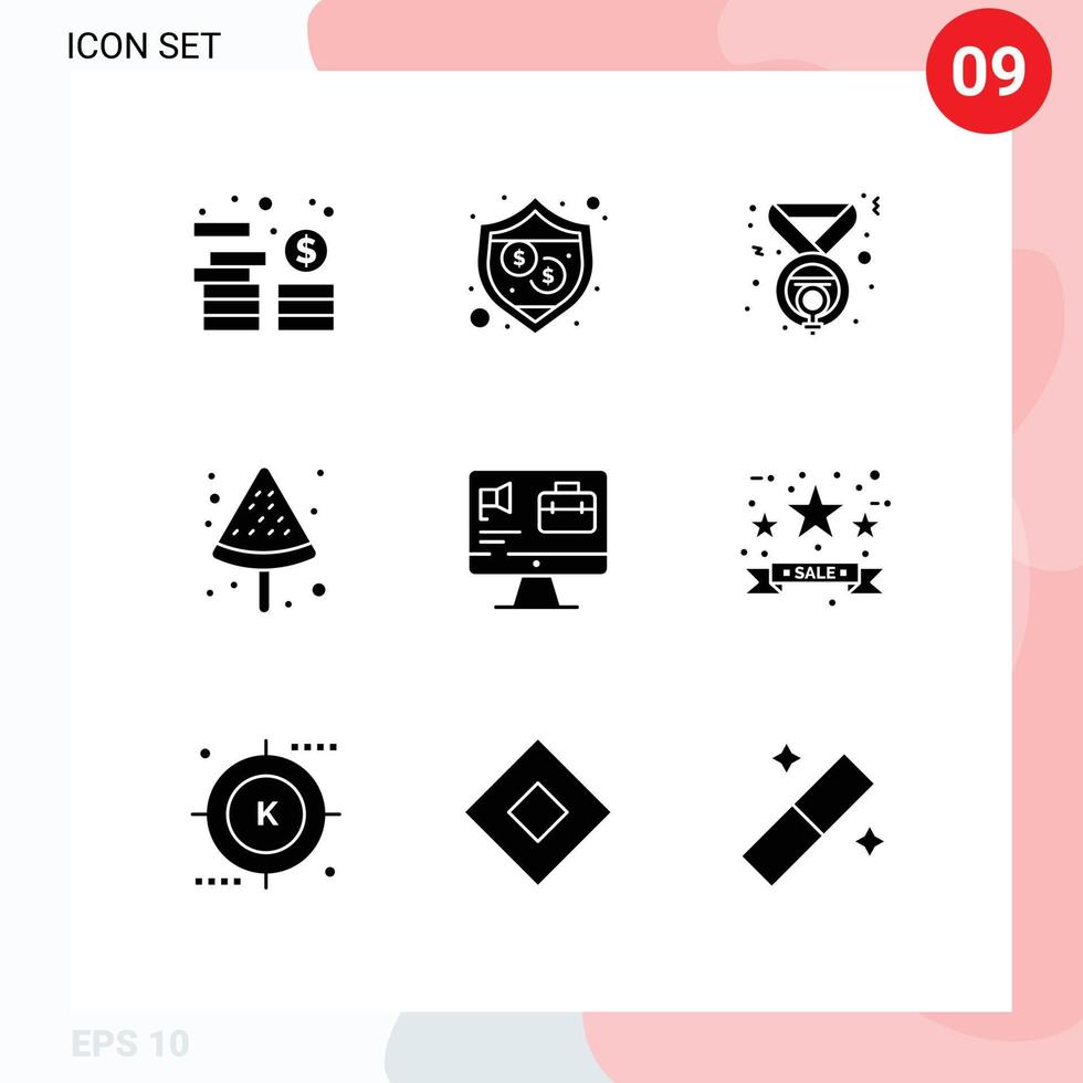 Solid Glyph Pack of 9 Universal Symbols of job bag medal computer food Editable Vector Design Elements