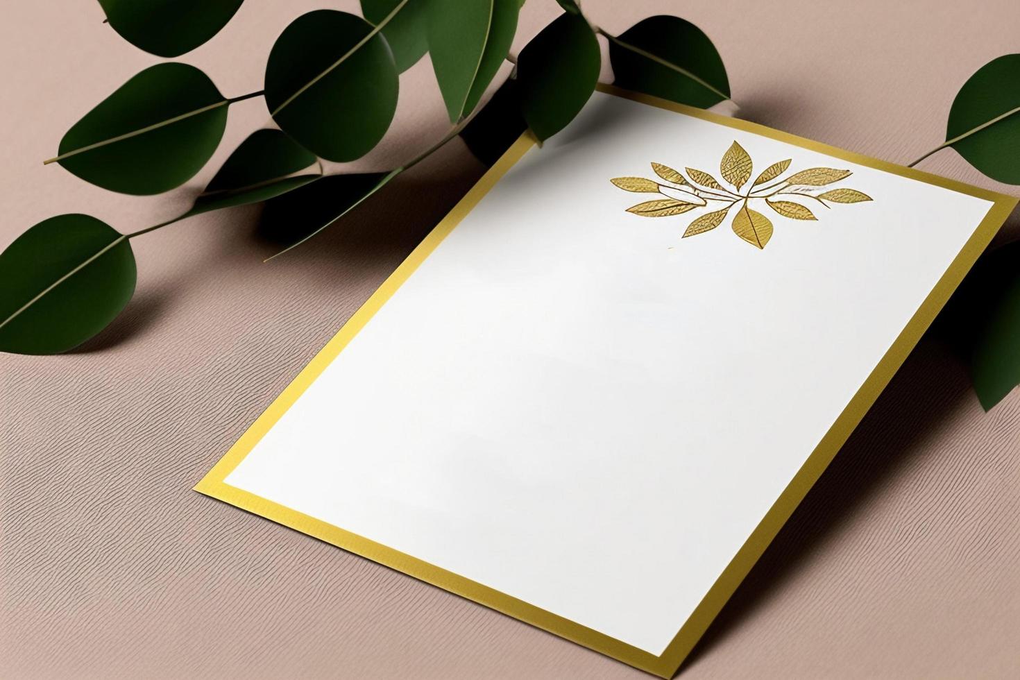 Mockup for a letter or wedding invitation with branches and leaves. Natural light and shade coverage. photo