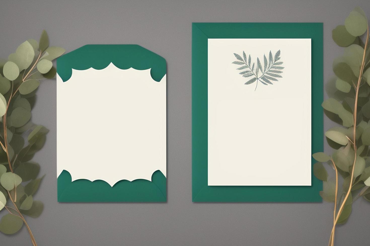 Mockup for a letter or wedding invitation with branches and leaves. Natural light and shade coverage. photo