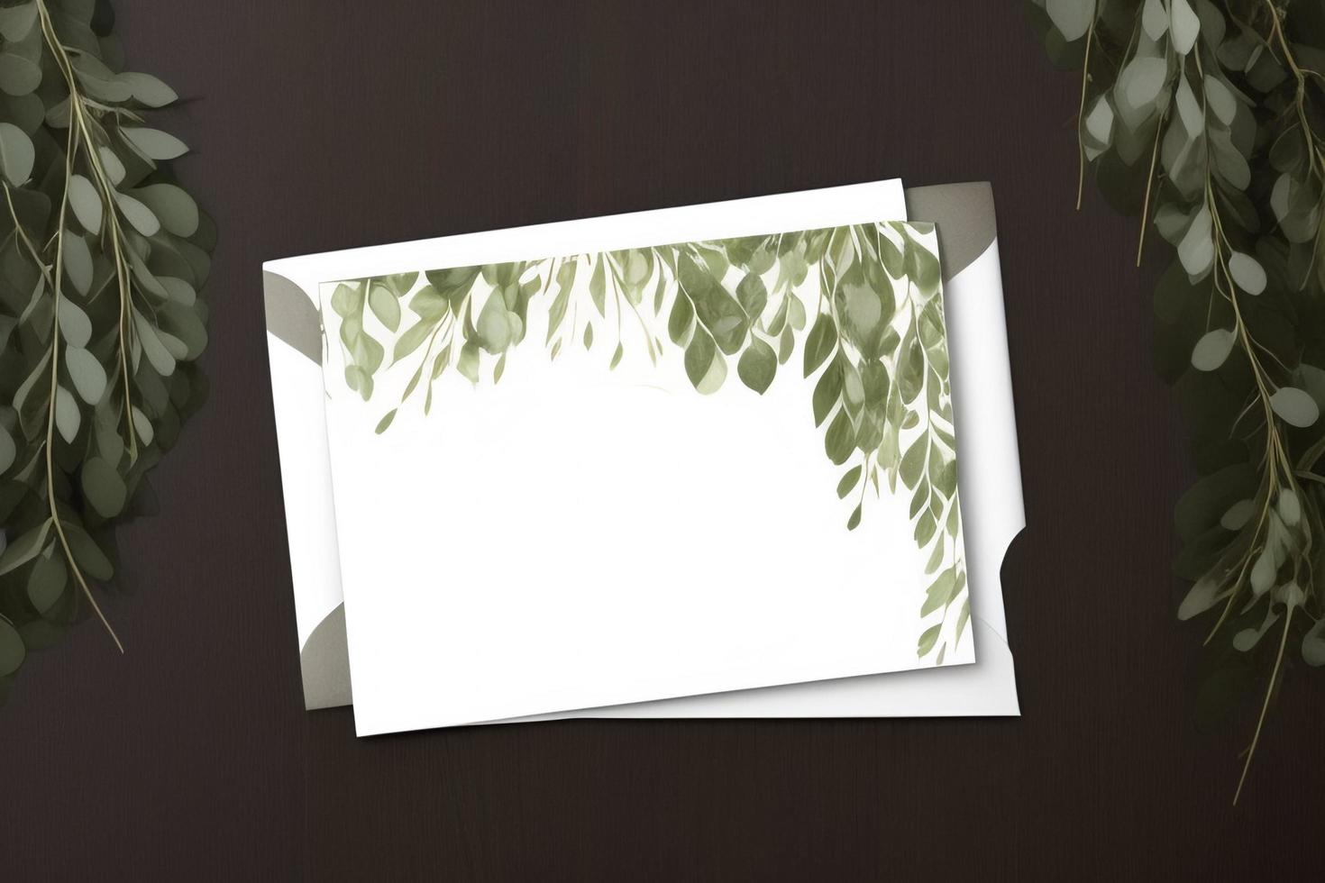 Mockup for a letter or wedding invitation with branches and leaves. Natural light and shade coverage. photo