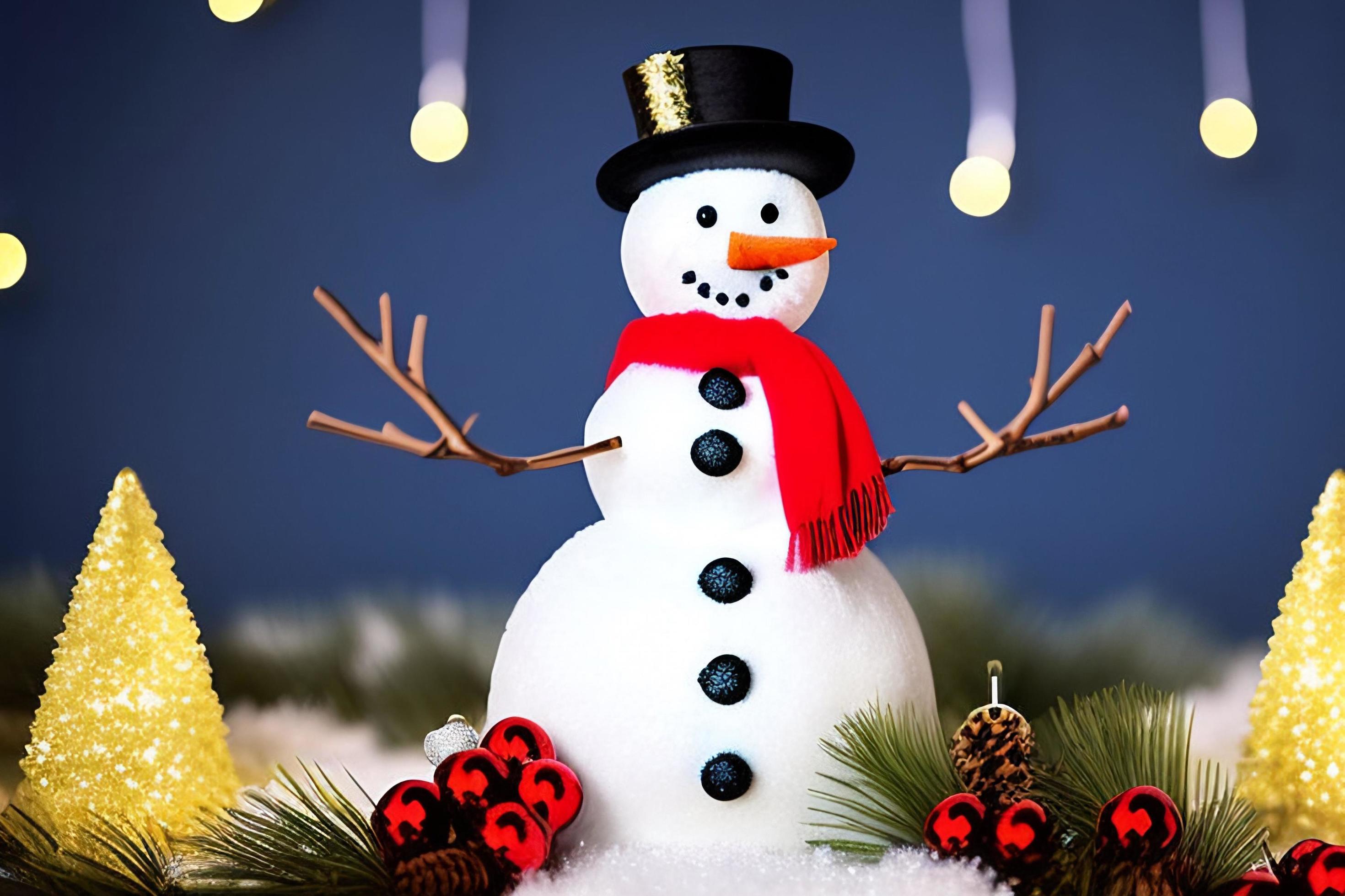 Funny snowman. Merry christmas and happy new year greeting card. Snowy