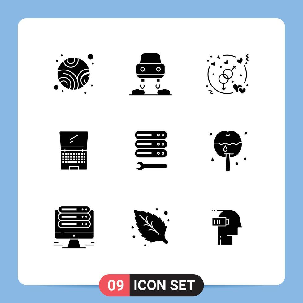 Mobile Interface Solid Glyph Set of 9 Pictograms of wrench server love flip device Editable Vector Design Elements