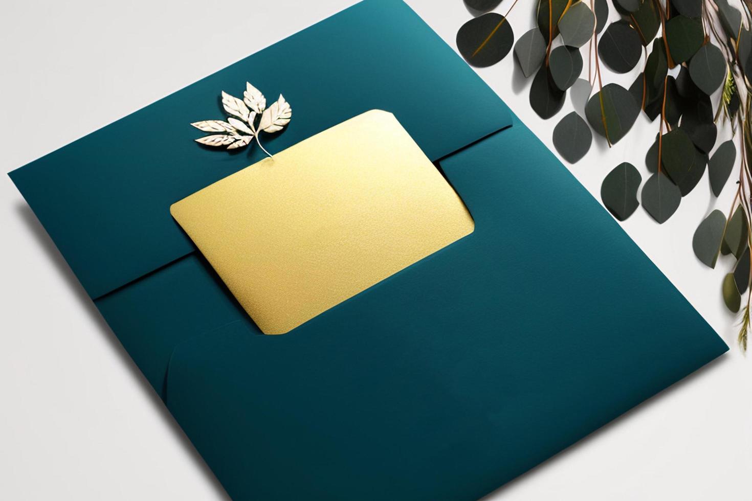 Mockup for a letter or wedding invitation with branches and leaves. Natural light and shade coverage. photo