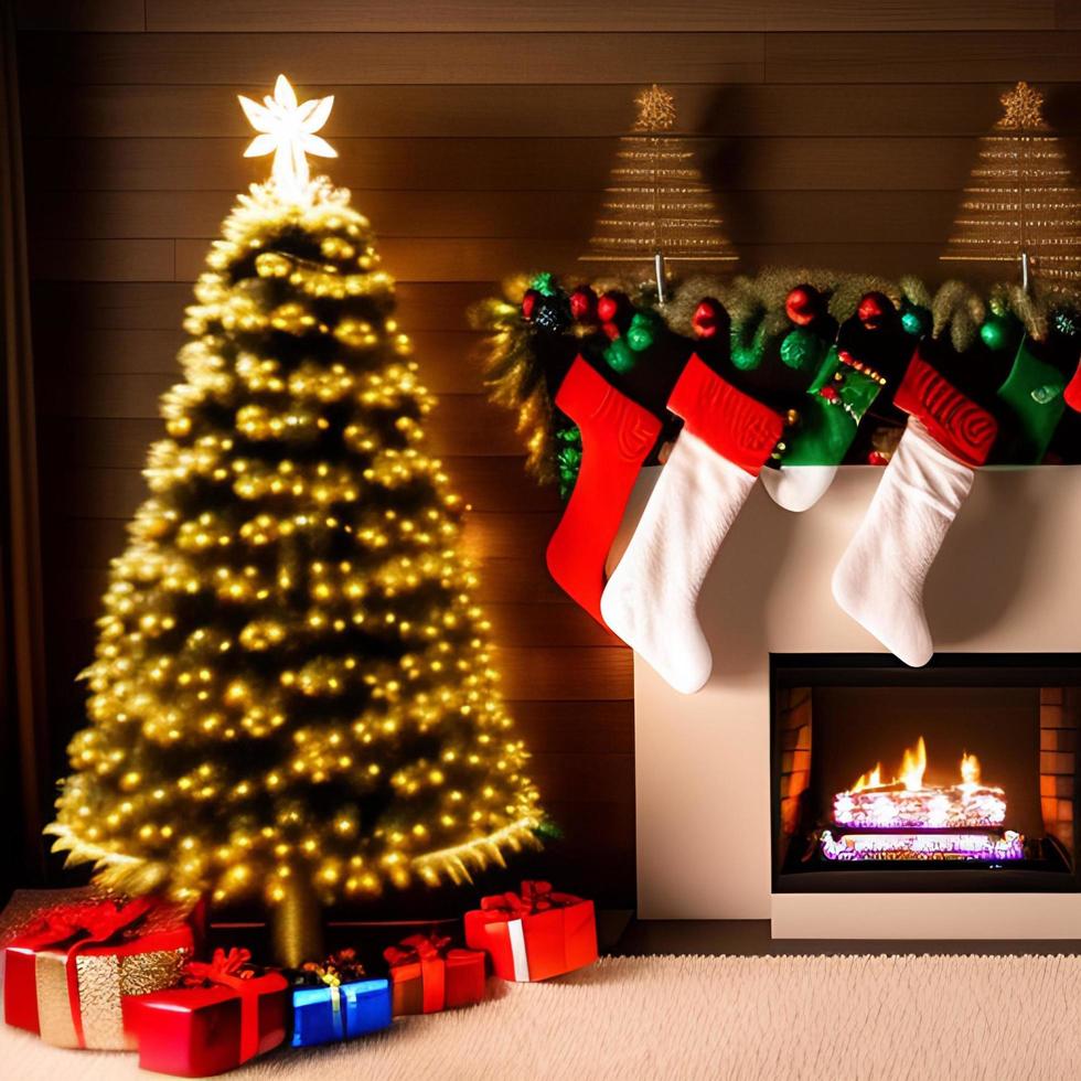 Christmas concept. Decorated Christmas Tree Near Fireplace at Home. photo