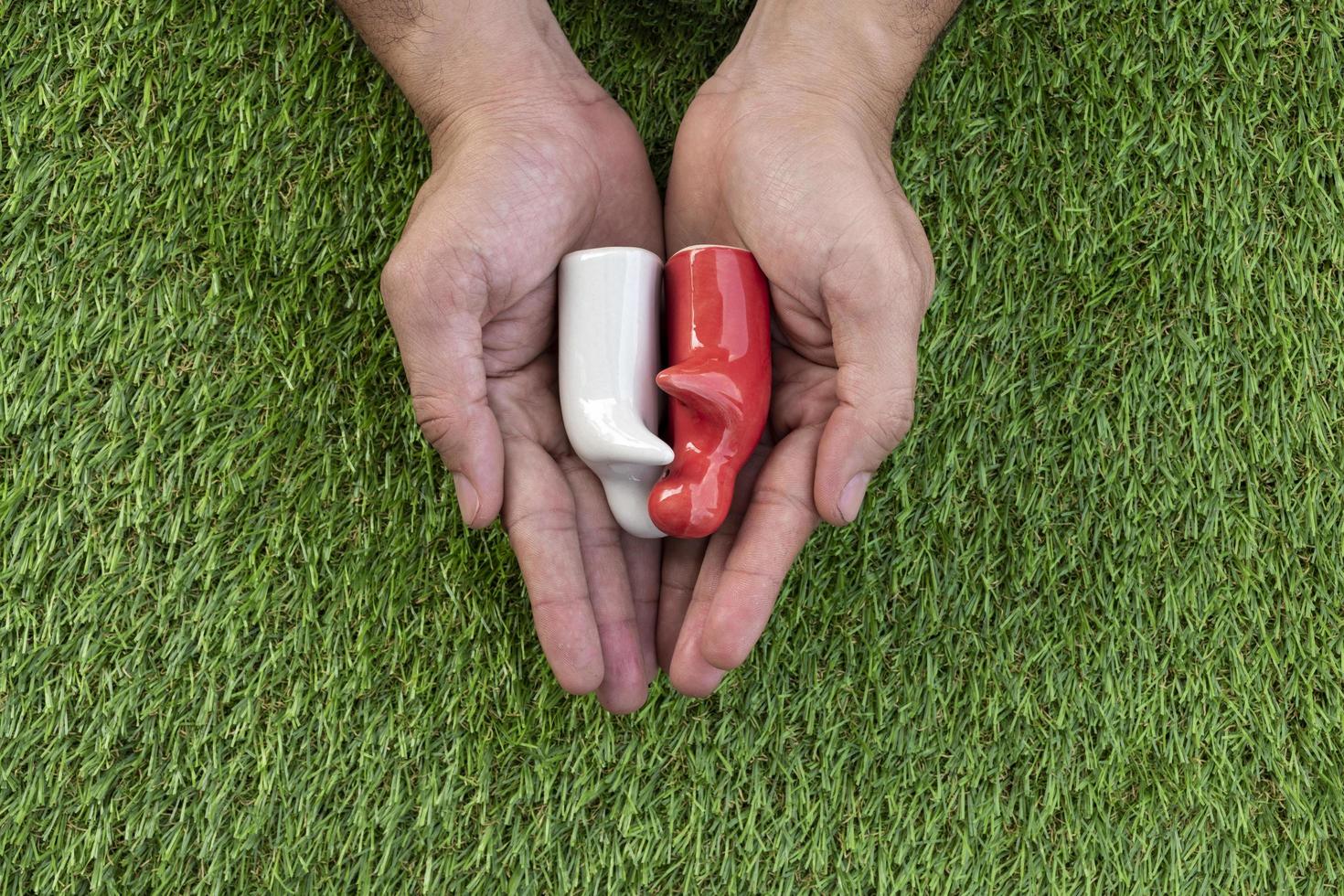 Top view mock up couple hugging on the hand. Valentine day concept photo
