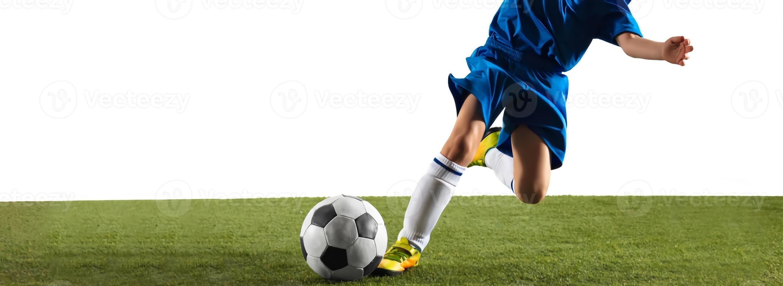 3D illustration of Professional football or soccer player of blue team in motion isolated on white studio background. Fit man in action, excitement.3D rendering concept of movement at gameplay. photo
