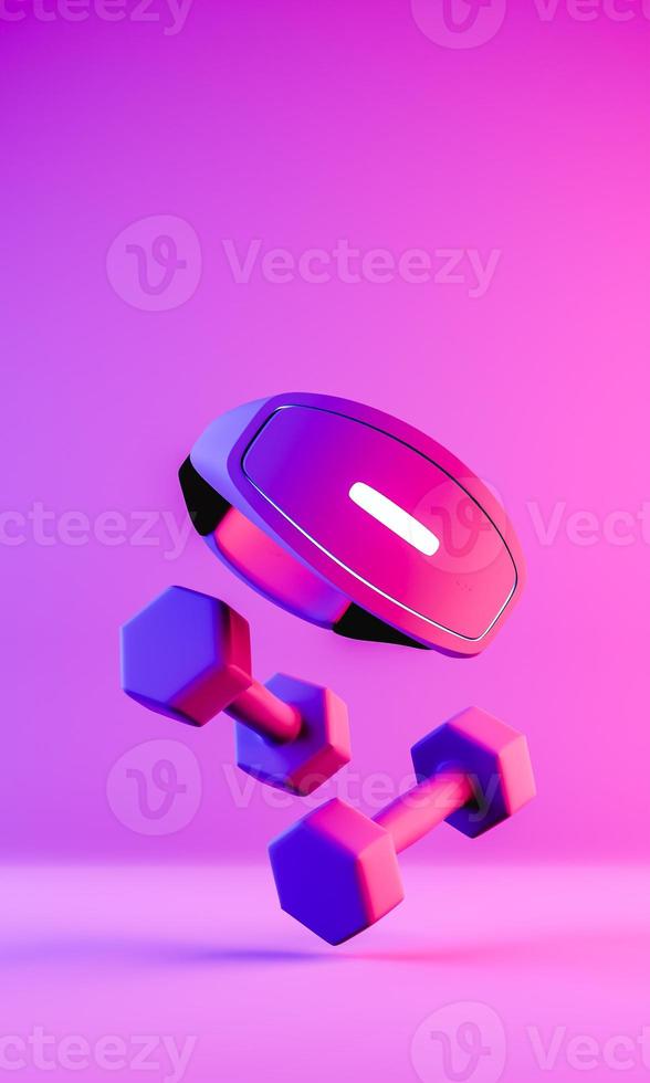 VR glasses and dumbbells under neon light. 3d render photo