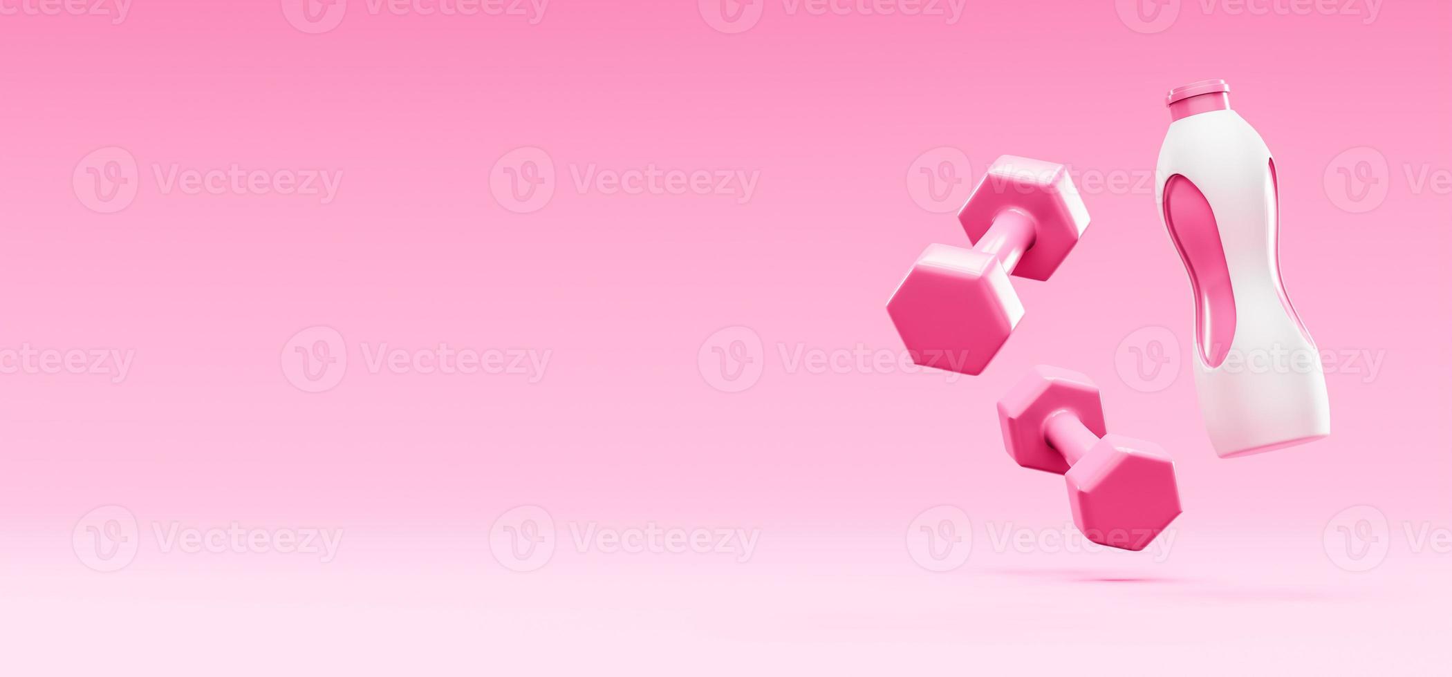 Pink dumbbells and sport water bottle. 3d render photo