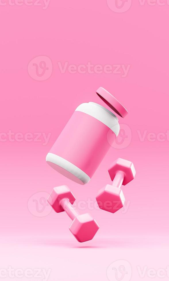 Dumbbells and a pot of pills floating in space on a pink background 3d render photo