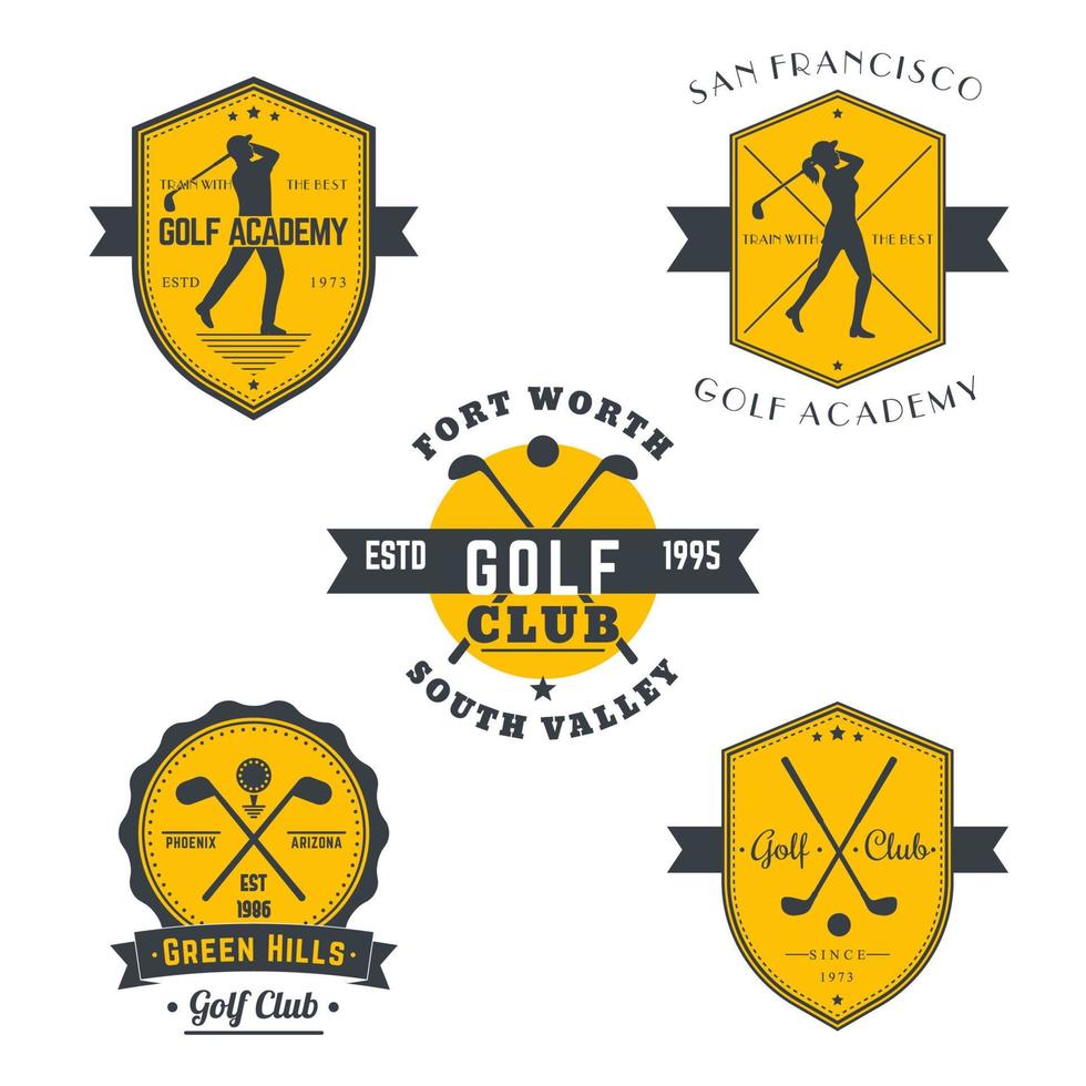 emblemas antiguos de golf, logotipos, insignias con golfistas, palos de golf cruzados y pelota, en gris y naranja vector