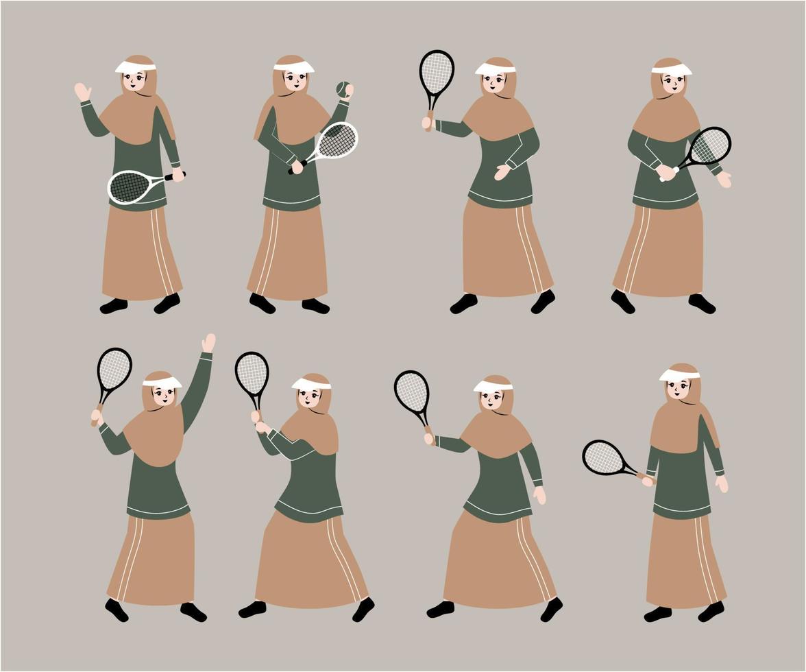 muslim woman playing tennis cartoon character collection vector