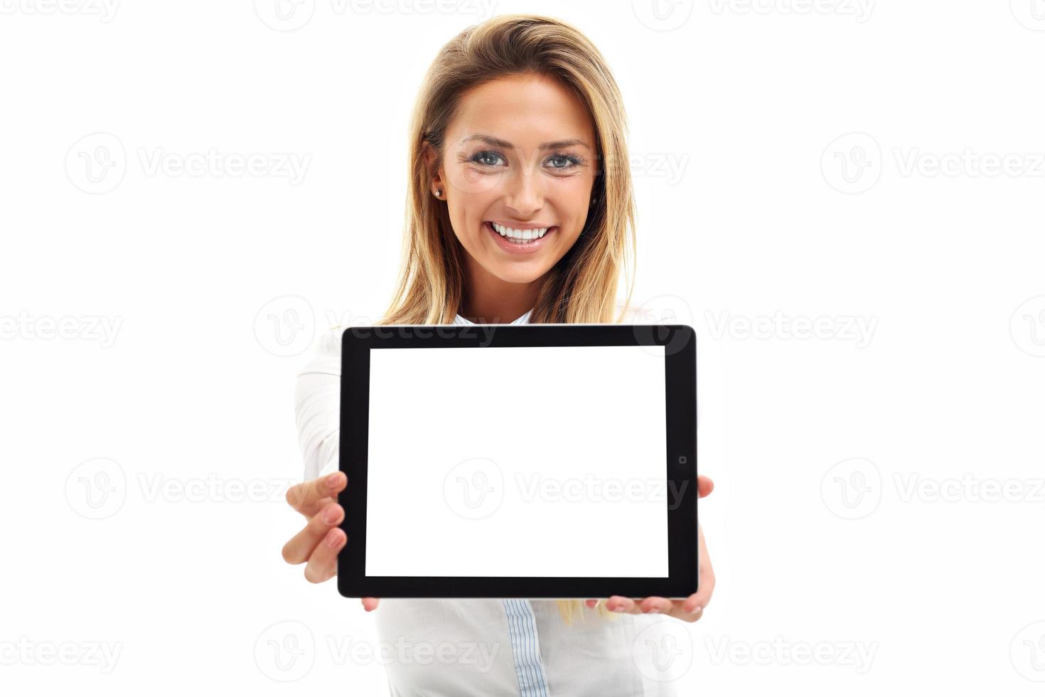 Woman using digital tablet computer PC isolated on white background photo