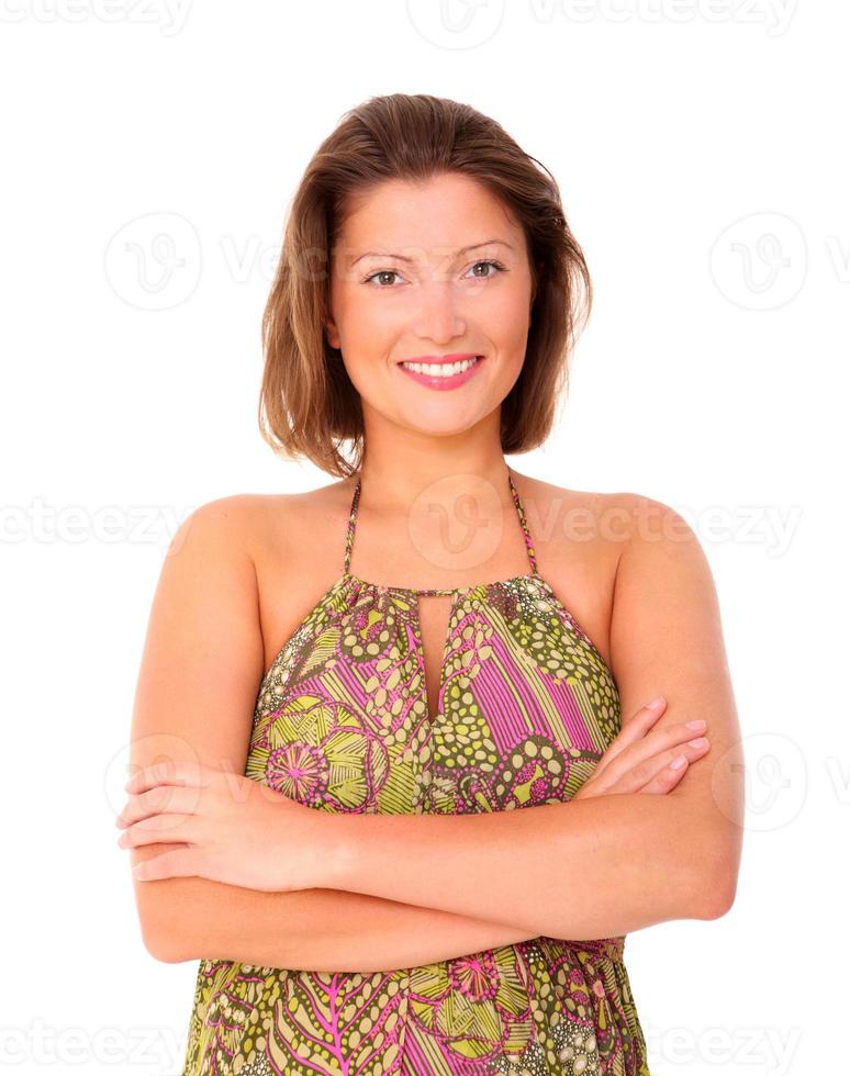 Happy woman on white background photo