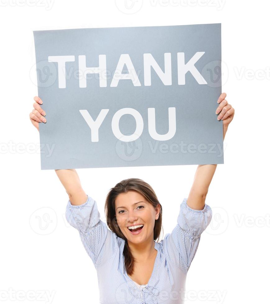 Woman holding Thank you sign photo