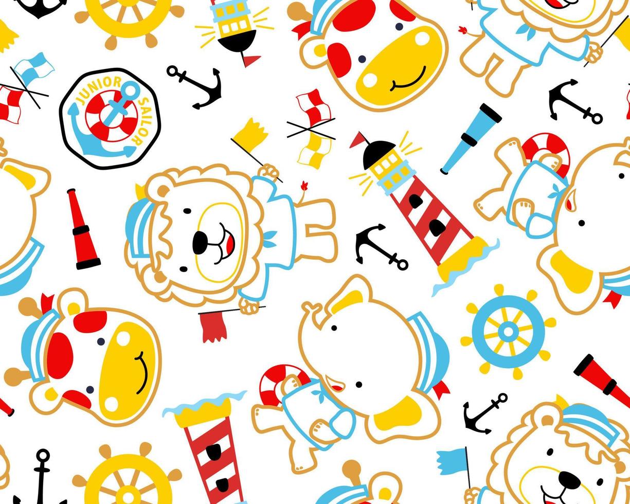 Seamless pattern vector of cute animals cartoon in sailor costume. Sailing elements cartoon illustration