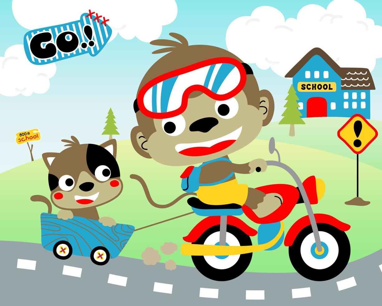 Cartoon of cute monkey riding motorbike while pulling cat in cart on landscape background vector