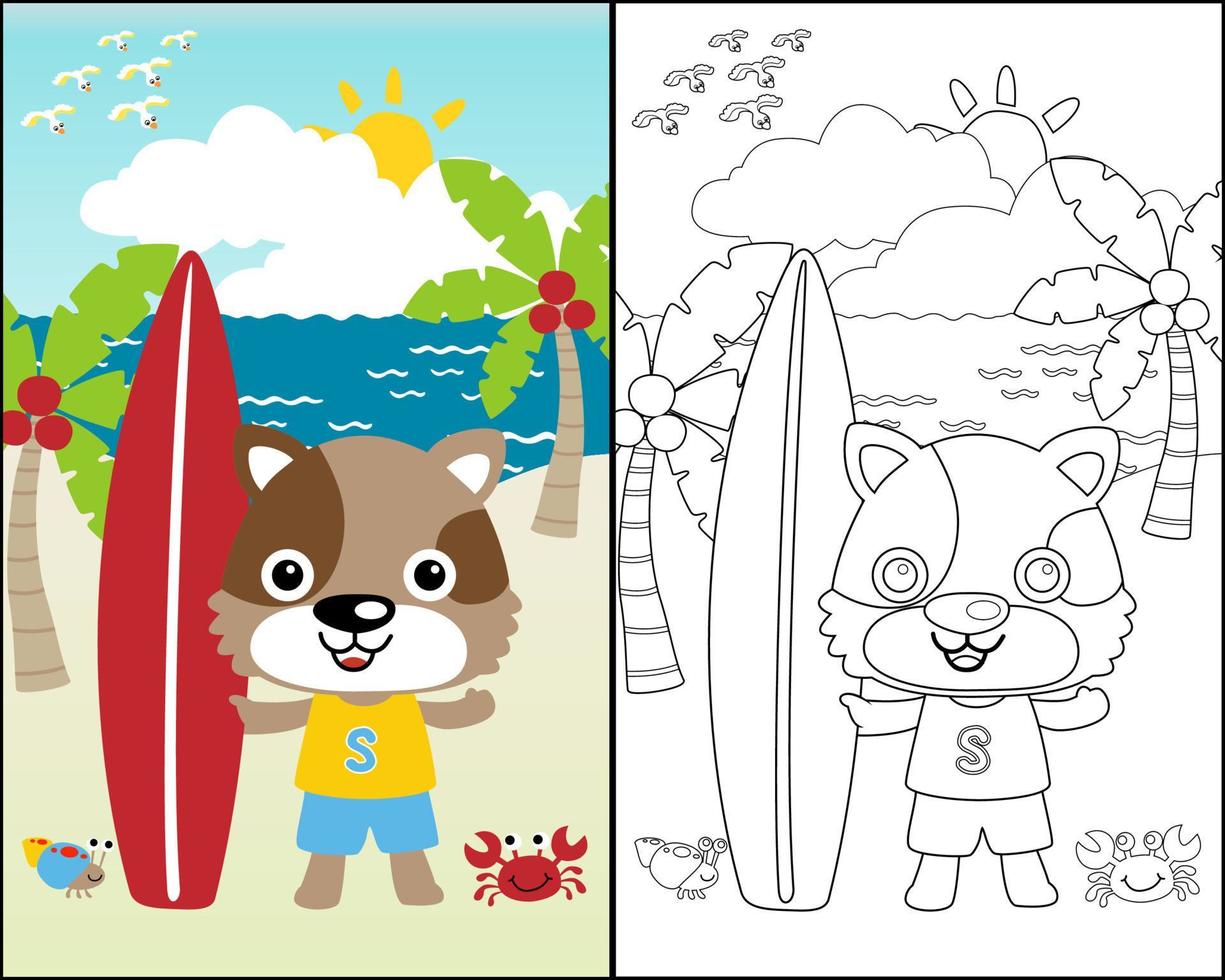 Vector cartoon of funny cat standing holding surfboard with little crab and hermit crab on beach background, coloring book or page