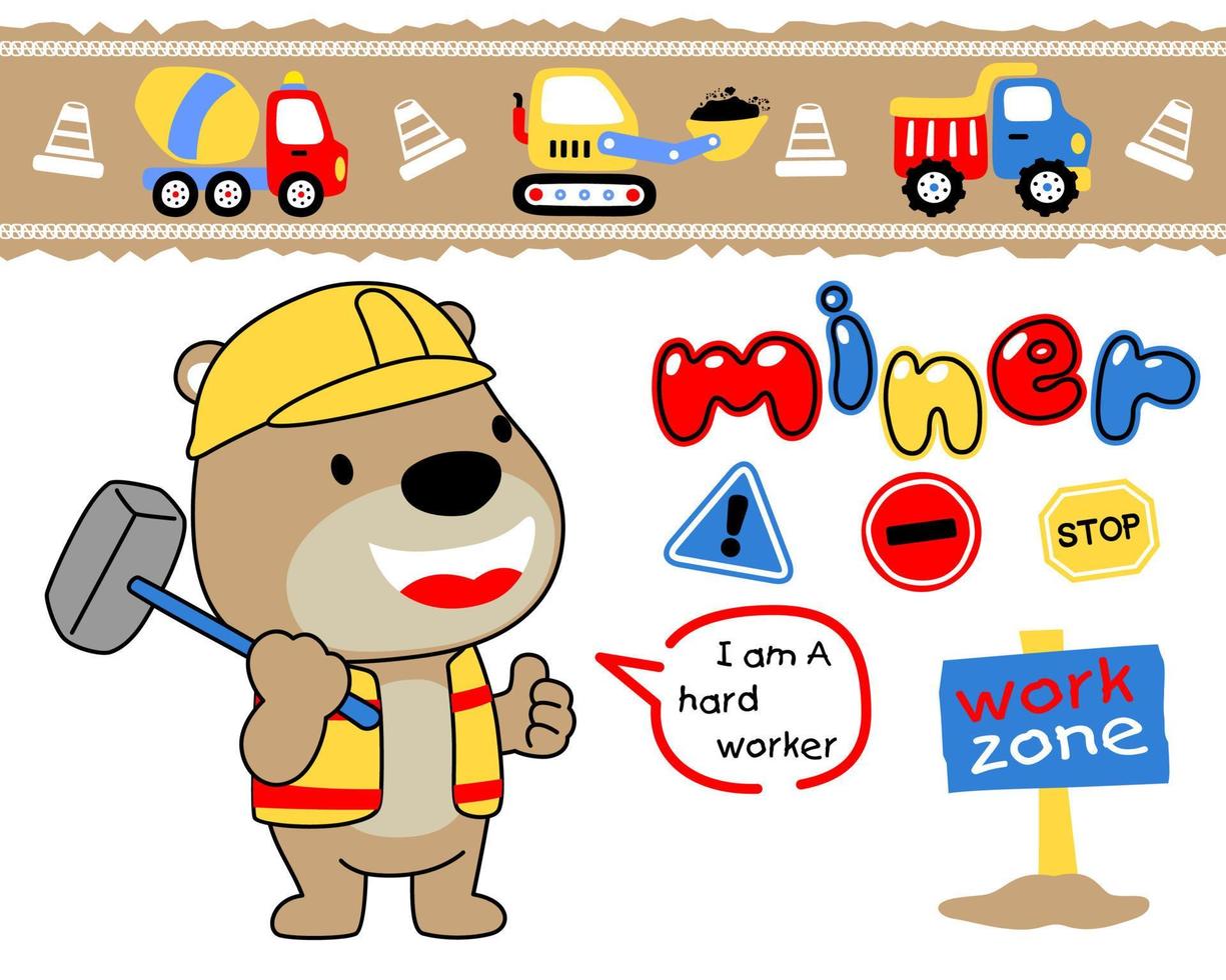 Vector cartoon of funny bear in worker costume while holding hammer with construction elements cartoon