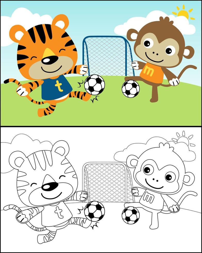 ilustración de dibujos animados vectoriales con tigre divertido y mono jugando al fútbol, libro de colorear o página vector