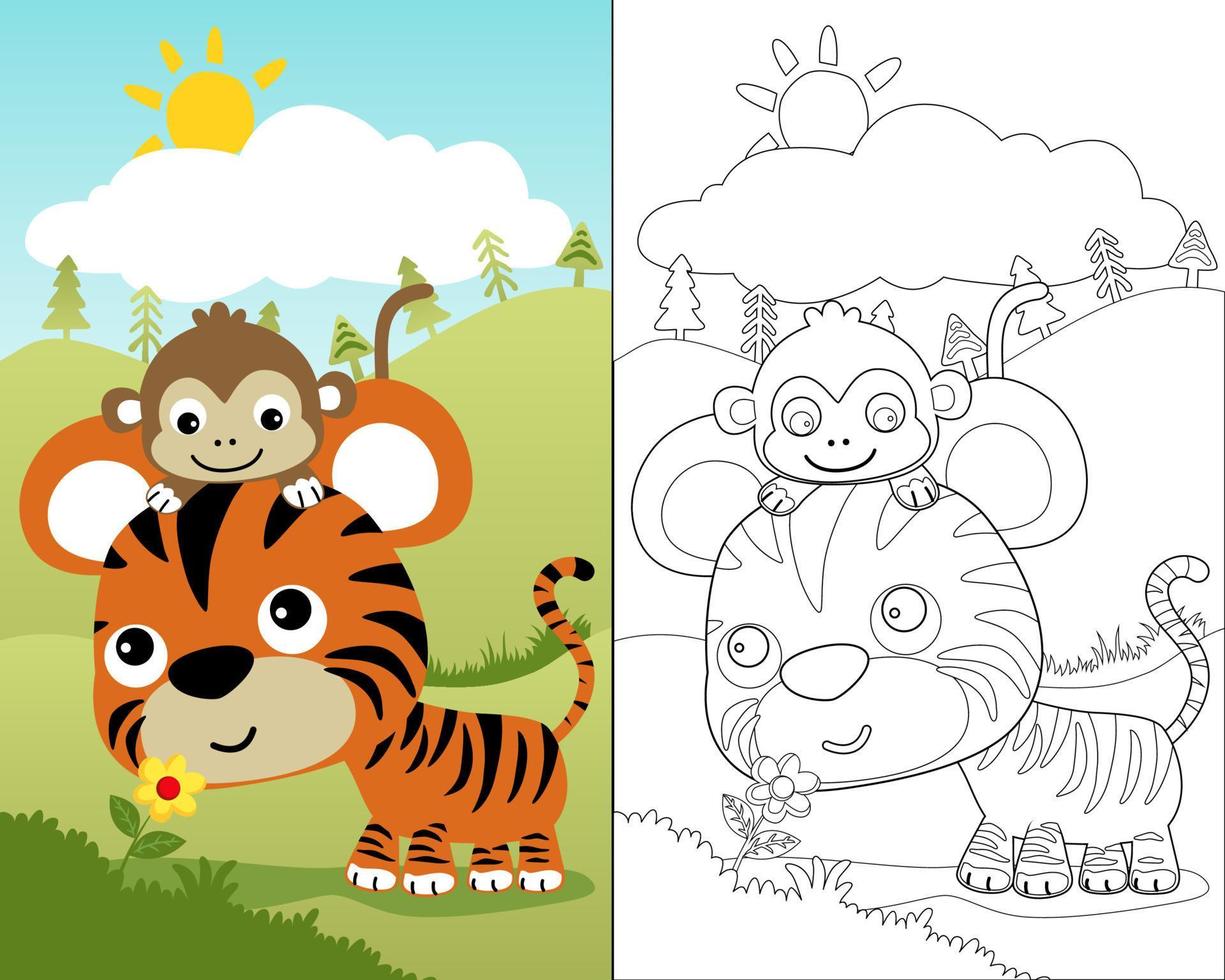Cartoon of cute tiger with monkey smelling flower on nature background vector