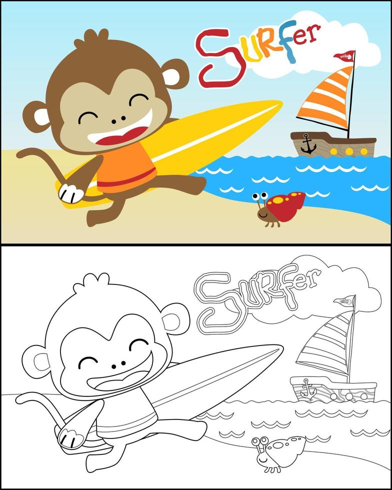 ilustración de dibujos animados vectoriales de un pequeño mono que lleva tablas de surf en la playa con cangrejo ermitaño y velero, libro de colorear o página vector