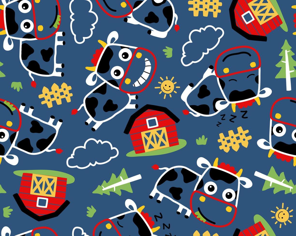 seamless pattern vector with farm elements cartoon. Cow, barn, tree, fence.