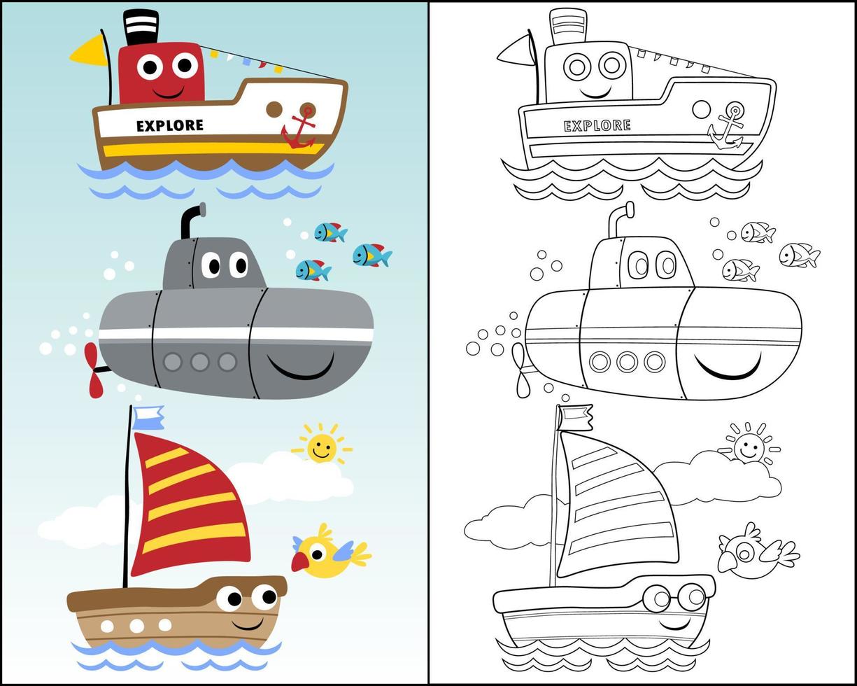 Vector illustration of funny sea transport with bird and fishes. Coloring book or page