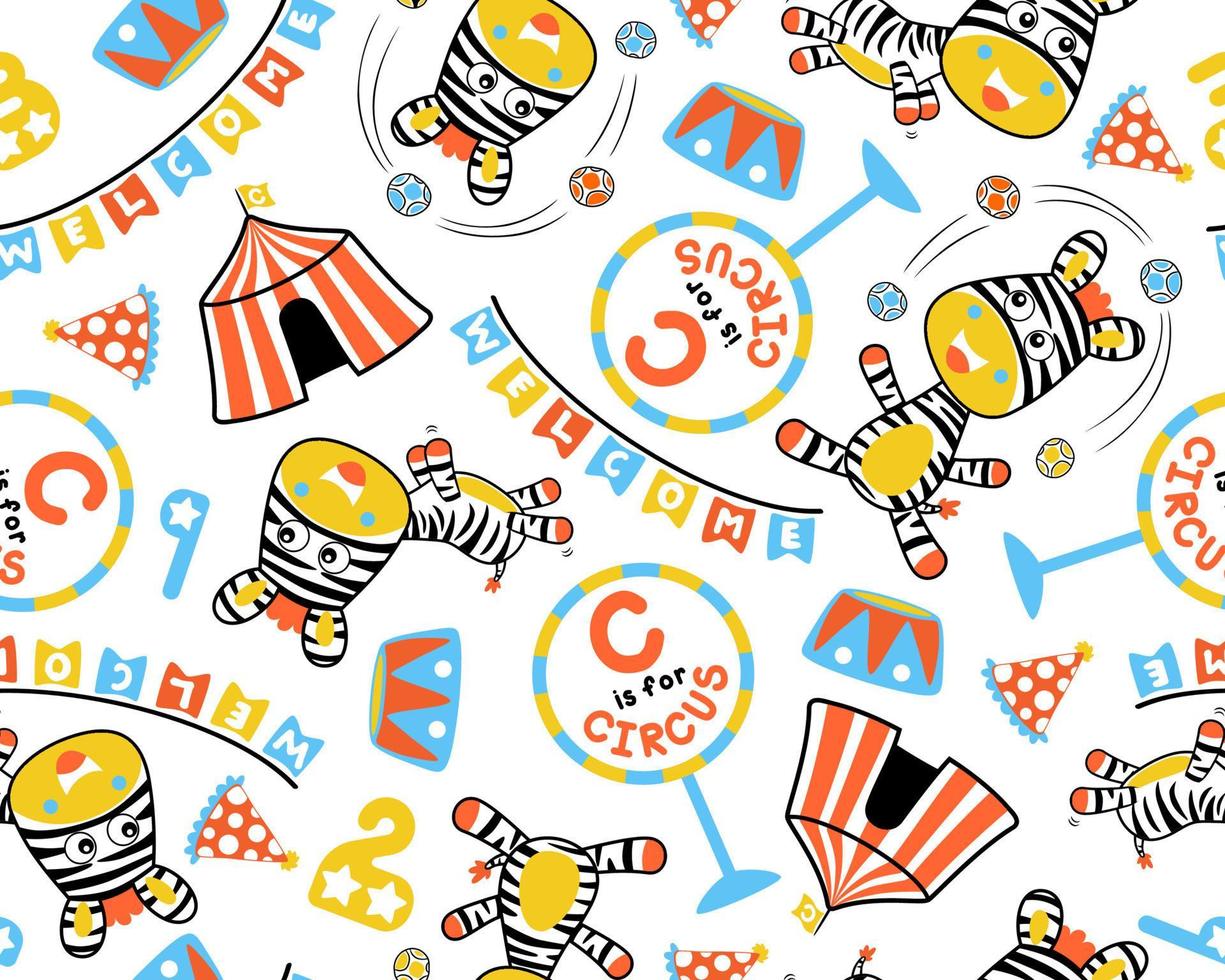 Seamless pattern vector of circus elements cartoon with funny zebra.