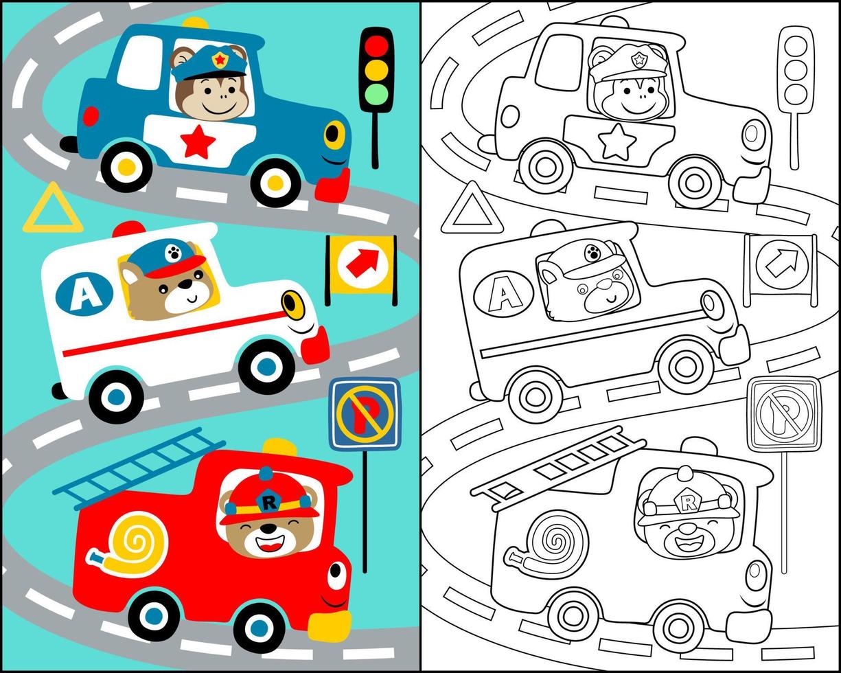 Vector illustration of rescue vehicle cartoon with funny animals driver,  firefighter, ambulance, police car, coloring book or page.