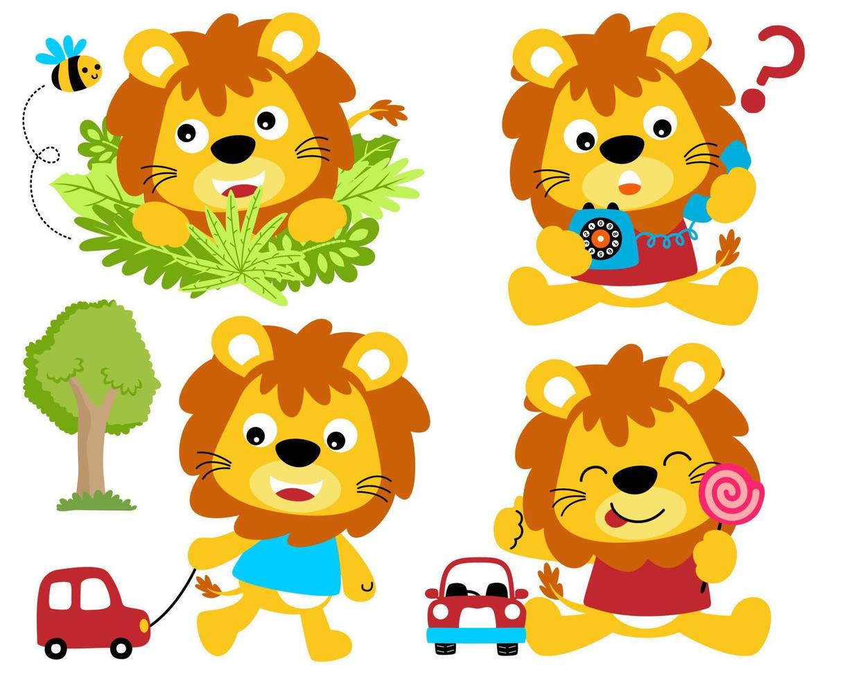 Vector illustration set of cute lions cartoon in different activity