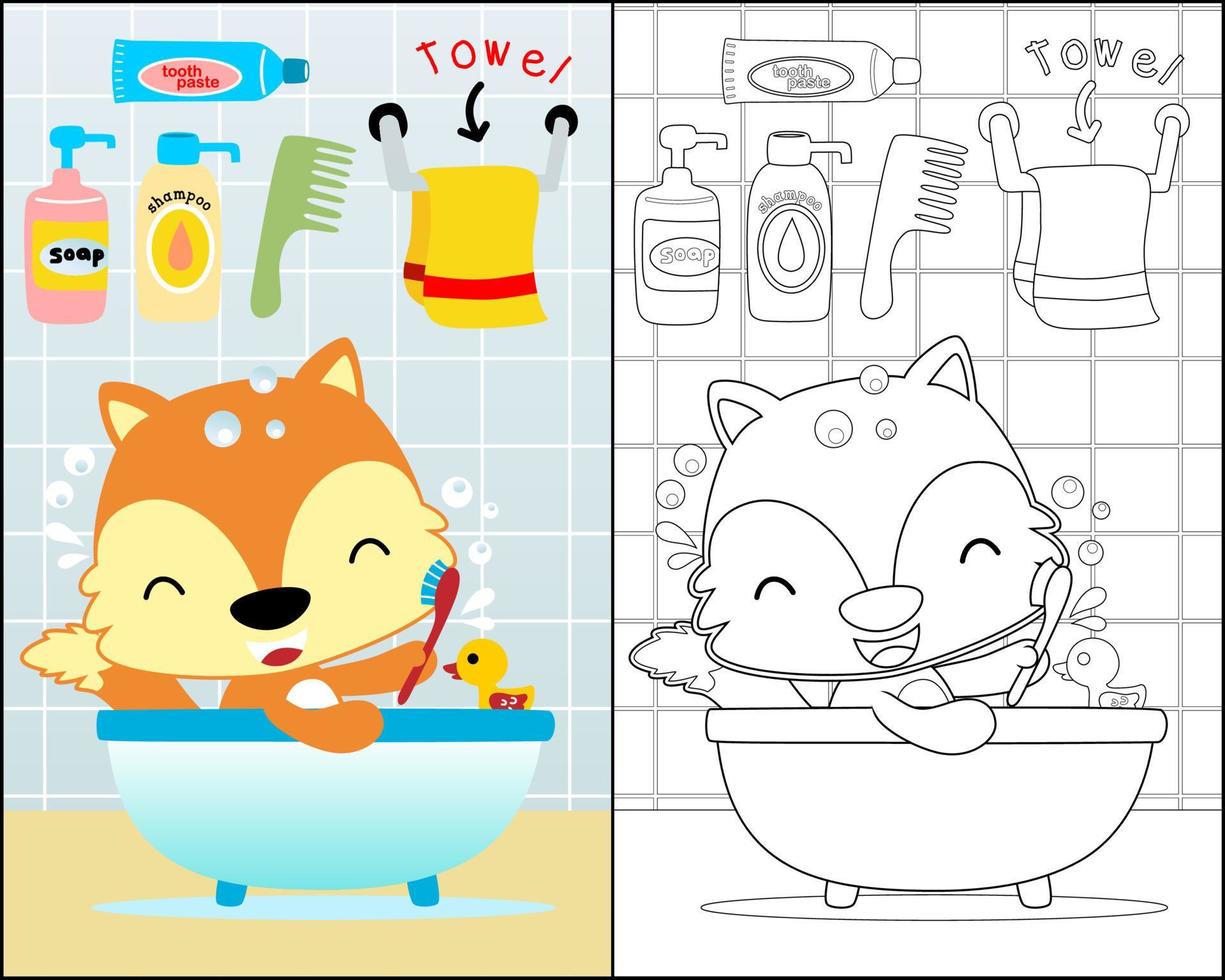 Coloring book with little fox cartoon in the bathtub, bathroom elements cartoon vector