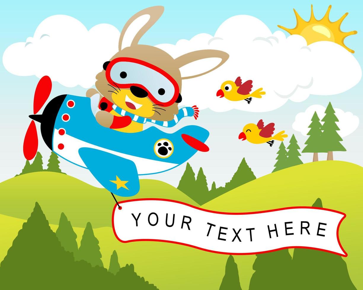 Vector illustration of rabbit on a plane with little birds on landscape background