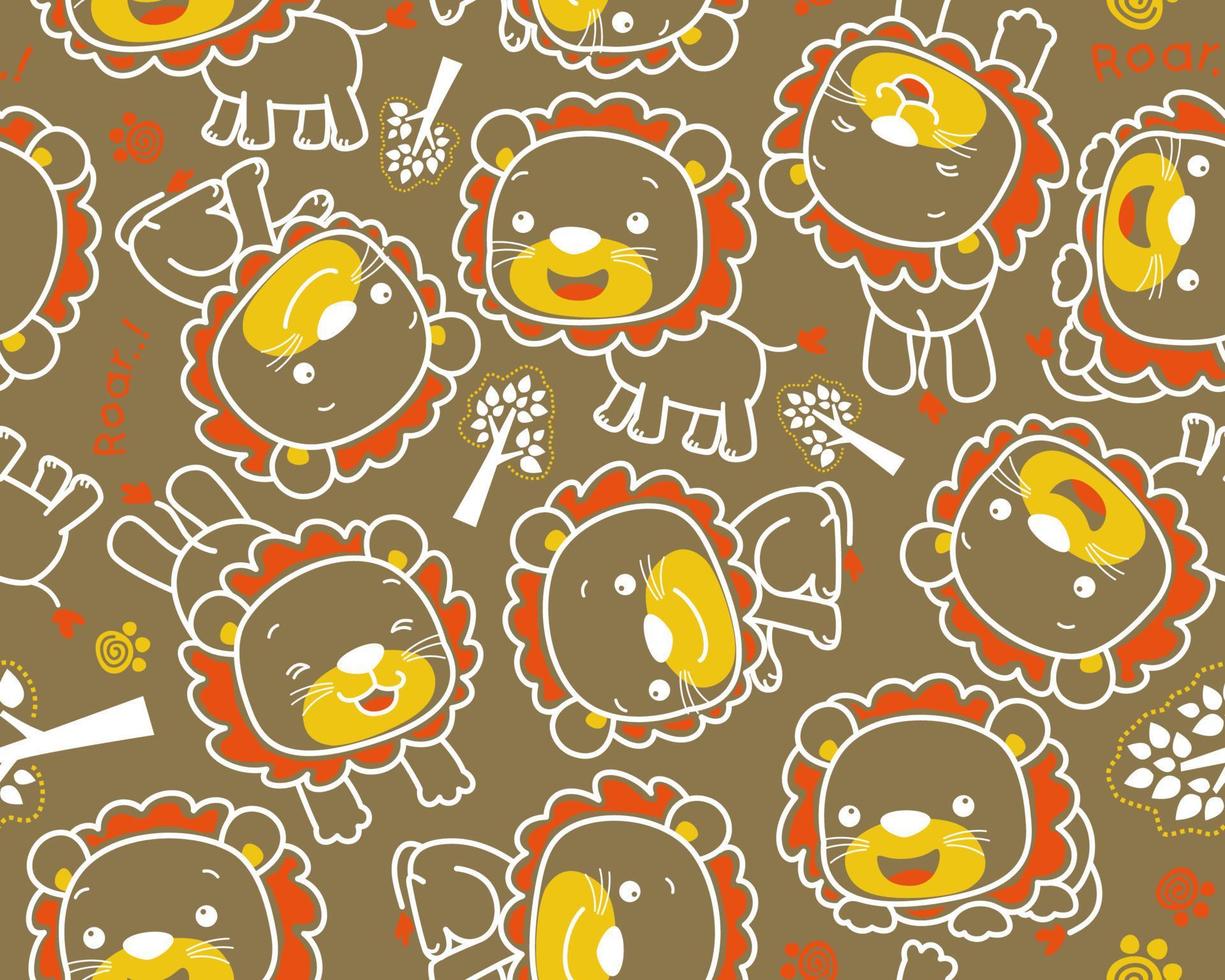 seamless pattern vector of funny lion cartoon in outline concept, trees and animals trail